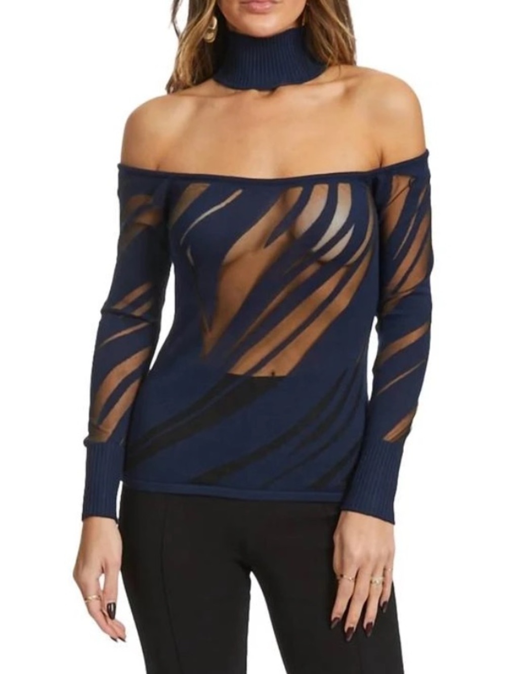 Cult Gaia Tracie knit top sheer navy off shoulder print $350 sz L